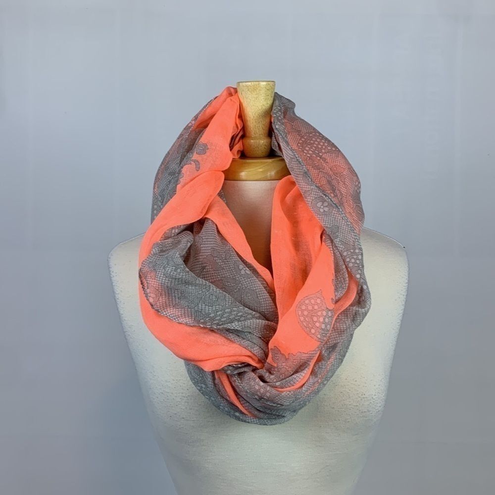 Versatile peach/orange and gray infinity scarf, wrap, sarong